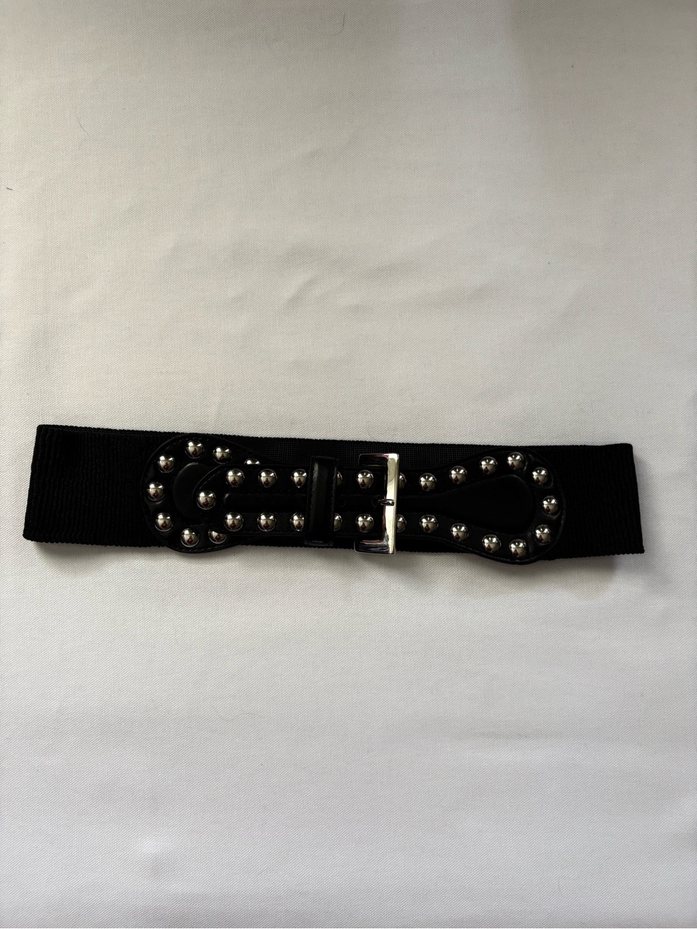 Betsey Johnson Black Studded Elastic Waist Belt with Silver Tone Buckle - S/M